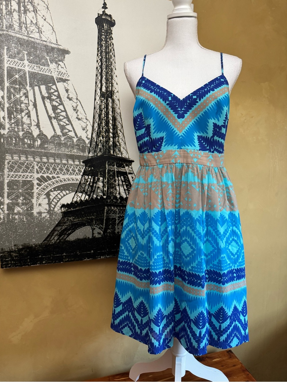 Trina Turk Blue and Tan Chevron-Print Spaghetti Strap Mini Dress